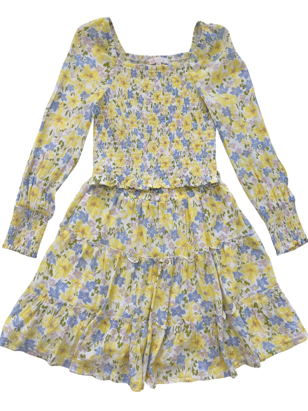 GB Girls Floral 2-Piece Set Smocked Top Tiered Skirt Yellow Blue Medium 8/10
